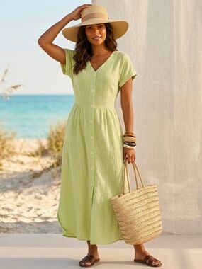 NWT VTG Cotton Shirt Maxi Dress Sz L Short Sleeve Lagenlook Cottage Boho Brights